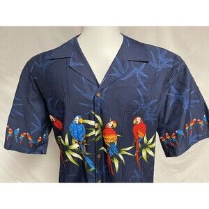 Vintage Pacific Legend Hawaiian Tiki Mens Navy Blue Parrot Macaw Bird Shirt Sz L